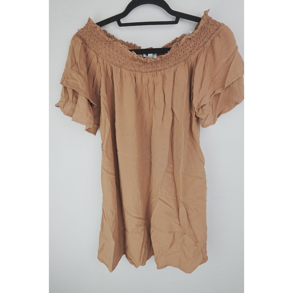 Active USA Off Shoulder Peasant‎ Top S Tan Ruffle Boho Cottagecore Blouse